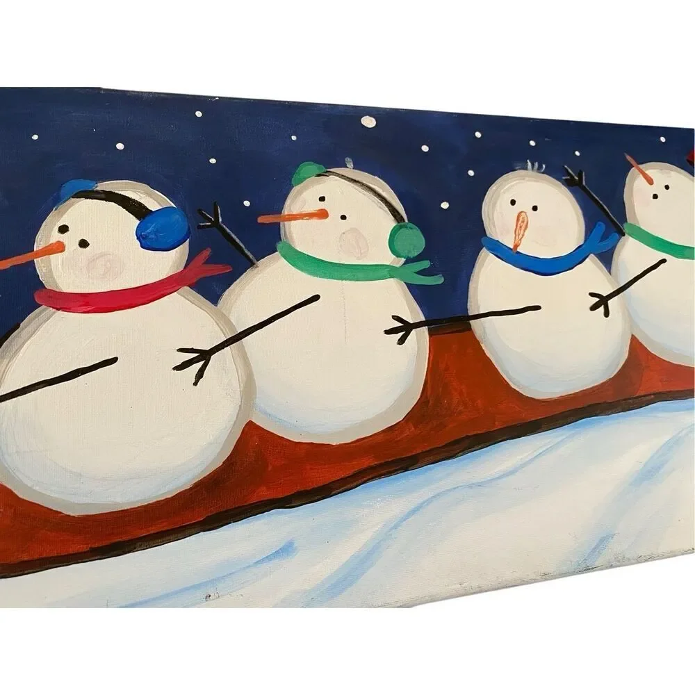 Lot of 2 Handpainted Snowman Christmas Canvas Paintings Xmas Decor Home Decorati